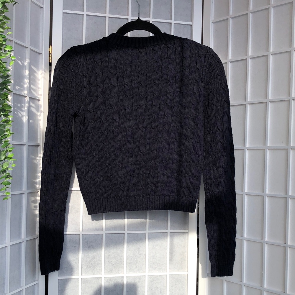 John Halt Navy Blue Cable Knit V-Neck Button Sweater, Small. - Picture 3 of 10